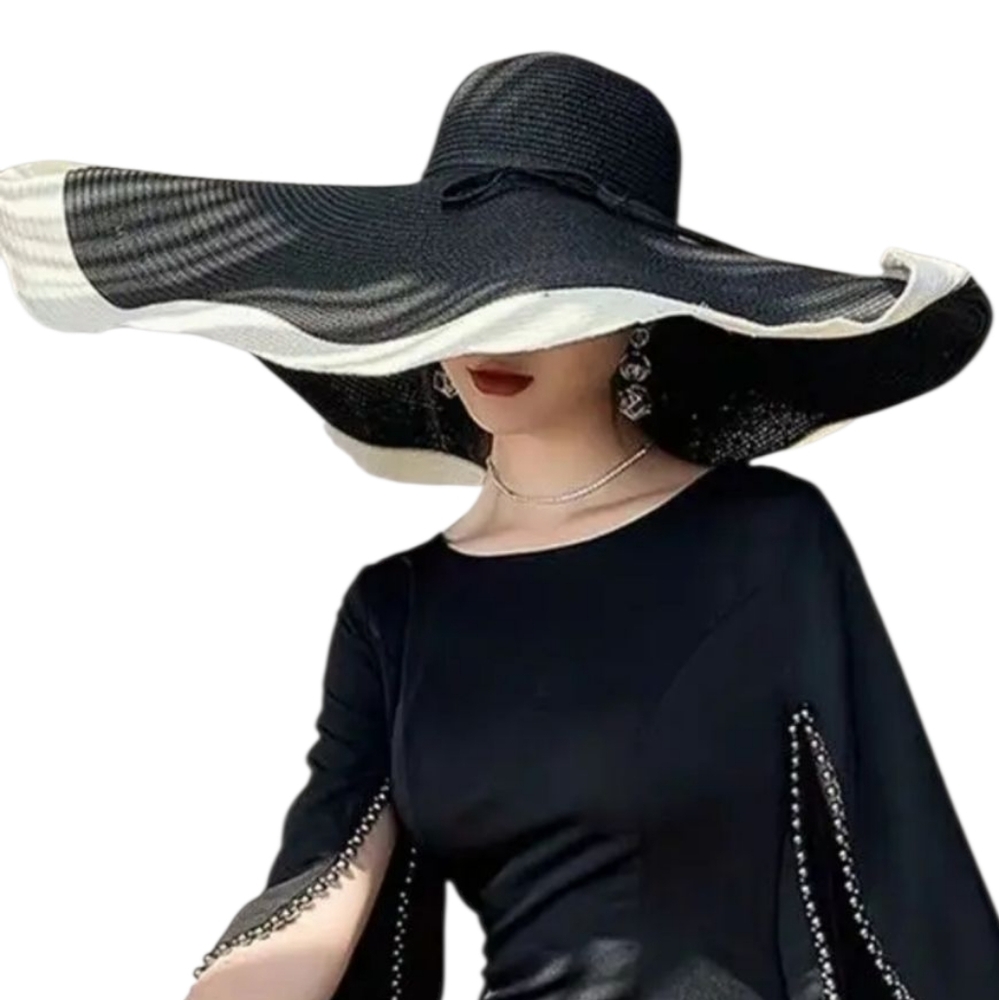 Stunning Sophisticated Black Floppy Oversized Brim Black Straw Hat White Trim